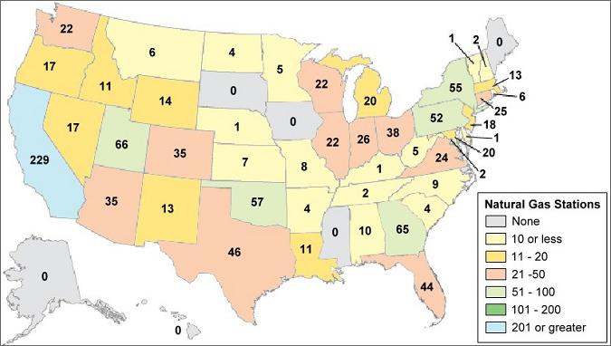 Graph showing the number of natural gas stations in each state in 2003. See table below for more detailed information.