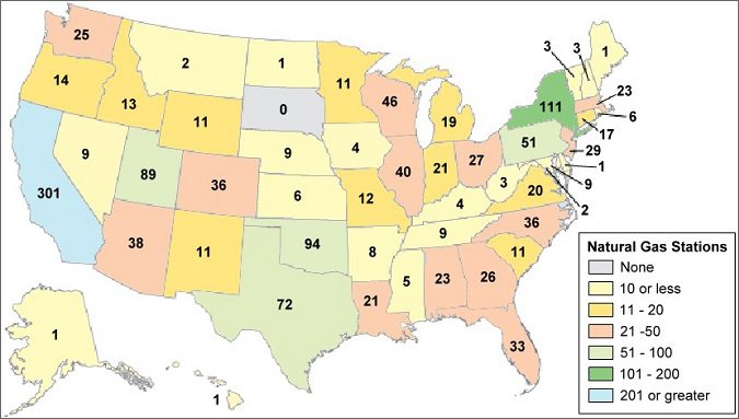 Graph showing the number of natural gas stations in each state in 2013. See table below for more detailed information.
