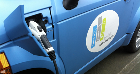 JLA Public Involvement blue PEV being charged.