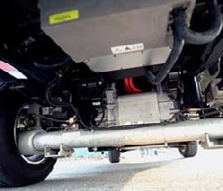 Battery in the undercarriage of one of the Fermilab's three electrically powered pickup trucks.