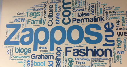 zappos logo with words surrounding it such as family, blogs, fashion ...