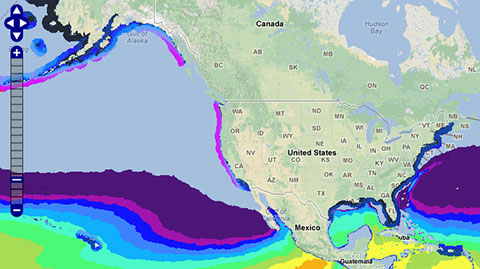 Map of the United states from the Tidal Streams Resource Map.