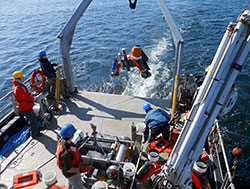 Photo of several men on a floating platform that is lowering monitoring tools into the ocean.