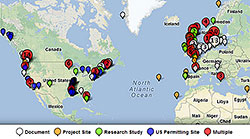 Screenshot of the Tethys database, showing North America, Europe, Africa, and the Middle East and the marine and hydrokinetic projects on those continents.