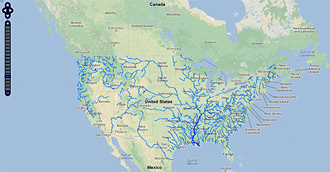 Screenshot of the Riverine Resource Map, showing a map of the United States and the resource potential of its rivers.