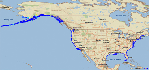 Map of the United States from the Tidal Streams Resource Map website.