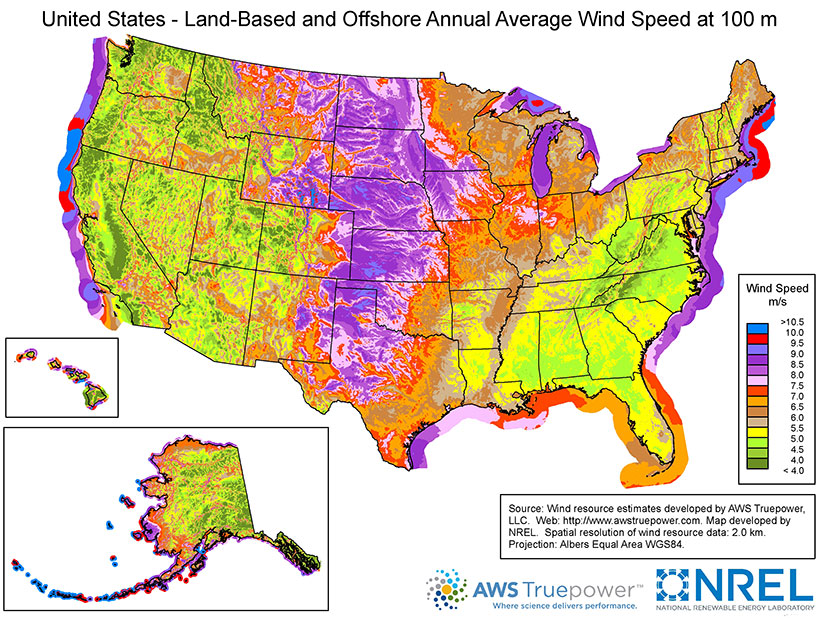 Combined offshore and land-based resource map displaying the abundant land-based and offshore resource potential in the United States.