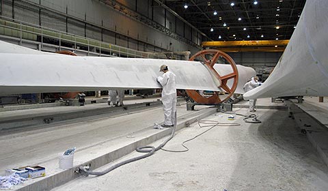 Wind blades during assembly in Pennsylvania.