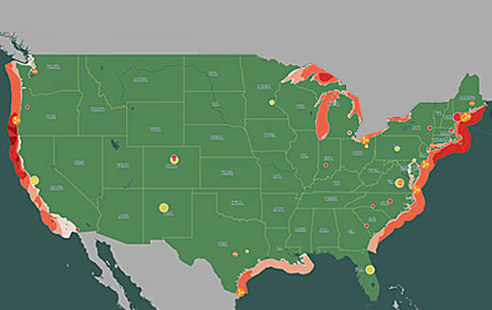 Illustration of the United States that shows offshore wind projects and offshore wind resource potential.
