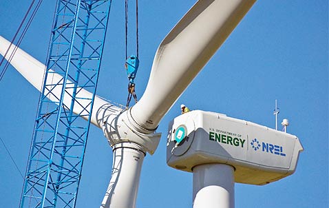 Photo of a wind turbine under assembly at NREL's National Wind Technology Center.