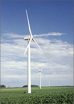 Photo of several large wind turbines in a cornfield with blue sky, white clouds in the background.