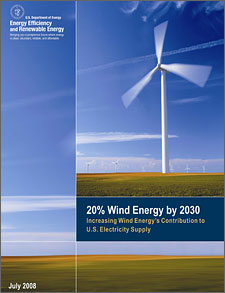 Cover of the report, '20% Wind Energy by 2030: Increasing Wind Energy's Contribution to U.S. Electricity Supply.' Shows a close-up of a wind turbine spinning in the wind, in a wide, open field. Other turbines can be seen in the distance.