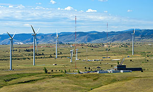 Photo of the wind turbines and mountains around the National Wind Technology Center.