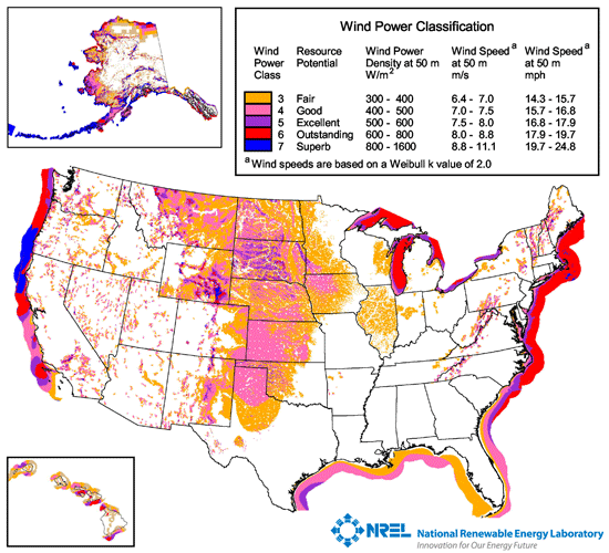 Map of the United States of America, including Hawaii and Alaska. The map uses color to distinguish between different classes of wind power potential by resource potential, wind power density at 50 M (measured in W/(m^2)), wind speed at 50 m (measured in m/s), and wind speed at 50 m (measured in mph). If you need assistance reading the information on this map, please contact the Wind and Hydropower Technologies Program Webmaster.