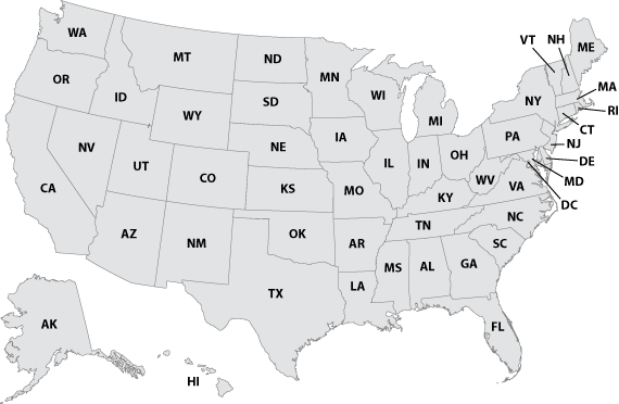 These unlabeled, black and white maps of the United States 