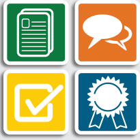 Four square graphic of a document, a conversation bubble, a checkbox and a certification seal.
