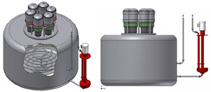 Illustration of two gray cyclinders with the one on the left showing a view of the top and the right one showing a view from the side.